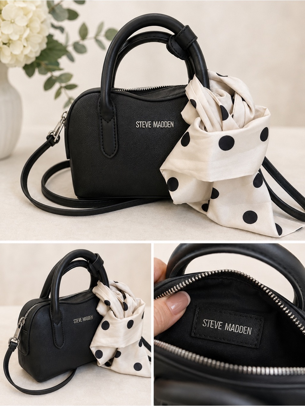 Steve Madden Black Mini Dome Satchel with Polka Dot Scarf